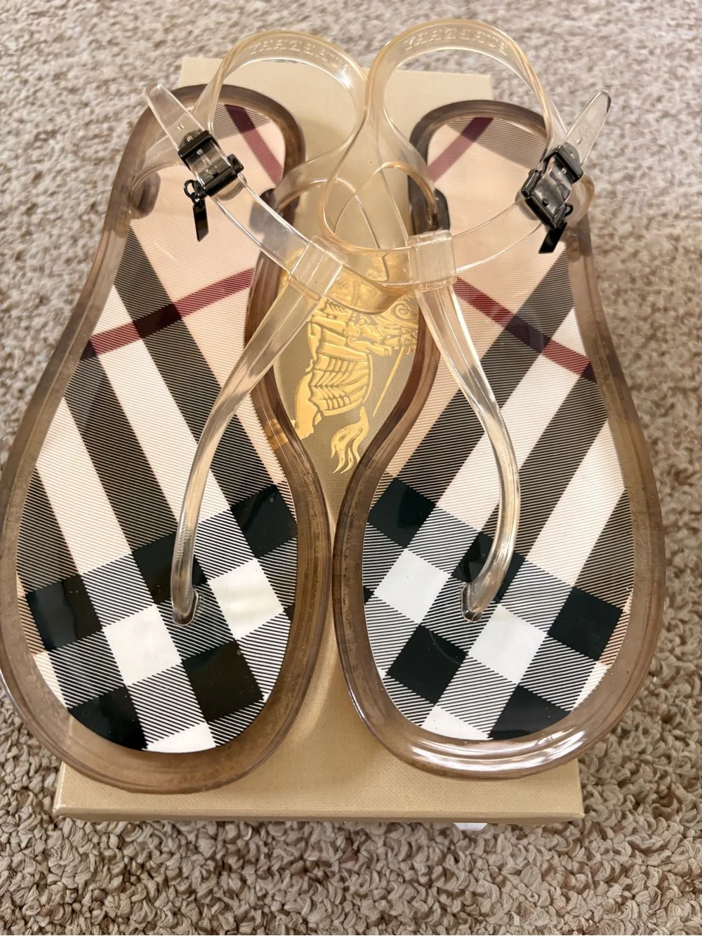 Burberry Clear Jelly Thong Sandals with Black and White Check - Picture 2 of 6